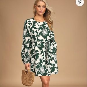 As Time Grows By Green Floral Print Long Sleeve Belted Dress